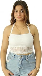 Women’s Lace Halter Neck Crop Top – Stylish Sleeveless Summer Camisole Stretchy Lace Bralette Style Crop Top for Casual & ... Price In India