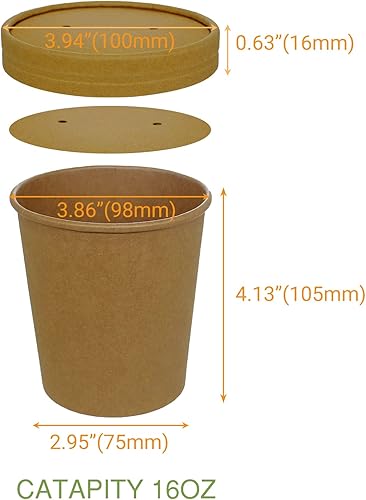 Miniatura 3 de Juego de 50 tazas de postre de papel kraft de 16 onzas con tapas, taza de papel compostable para alimentos con tapa ventilada, recipientes de postre