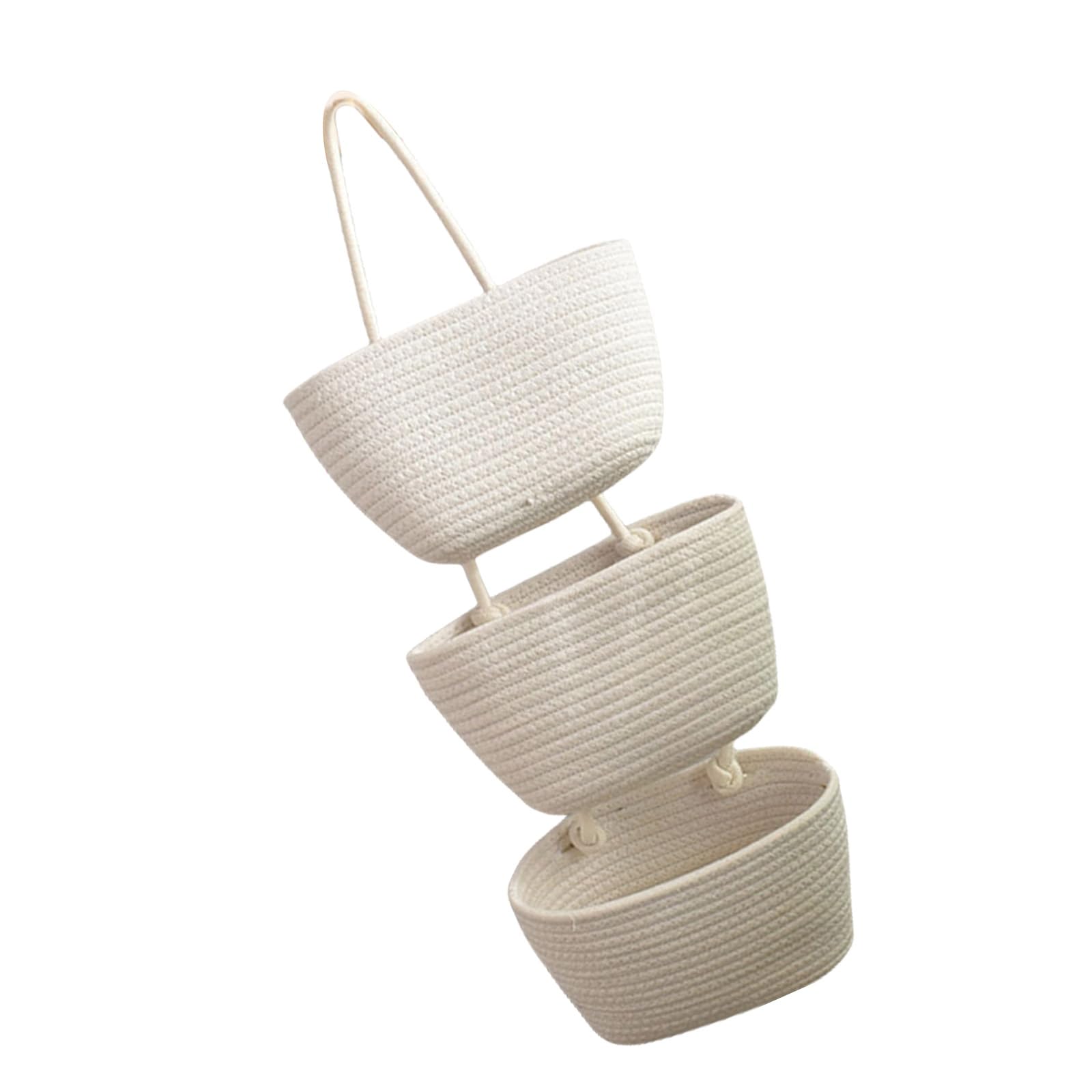 Fhsqwernm White Multipurpose Hanging Cotton Rope Baskets 3 Layer Cotton Rope Foldable Hanging Basket For Efficient Item Arrangement