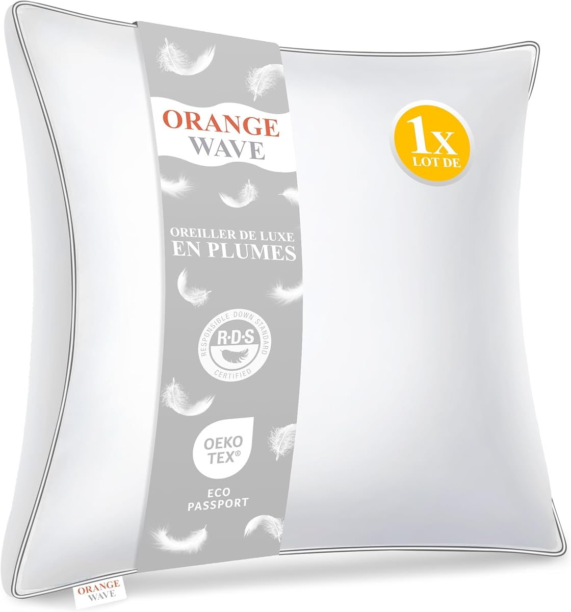 Orange Wave Oreiller Plume 60x60 - Coussin de Luxe 60x60 cm en Duvet et Plumes Naturelles, 1000g de Confort Moelleux et Ergonomique Oreiller pour Un Soutien Parfait et des Nuits Douces et Agréables