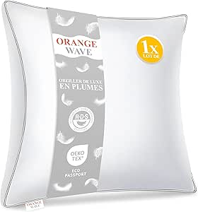 Orange Wave Oreiller Plume 60x60 - Coussin de Luxe 60x60 cm en Duvet et Plumes Naturelles, 1000g de Confort Moelleux et Ergonomique Oreiller pour Un Soutien Parfait et des Nuits Douces et Agréables