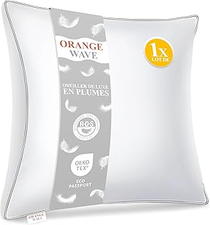 Orange Wave Oreiller Plume 60x60 - Coussin de Luxe 60x60 cm en Duvet et Plumes Naturelles, 1000g de Confort Moelleux et Ergonomique Oreiller pour Un Soutien Parfait et des Nuits Douces et Agréables