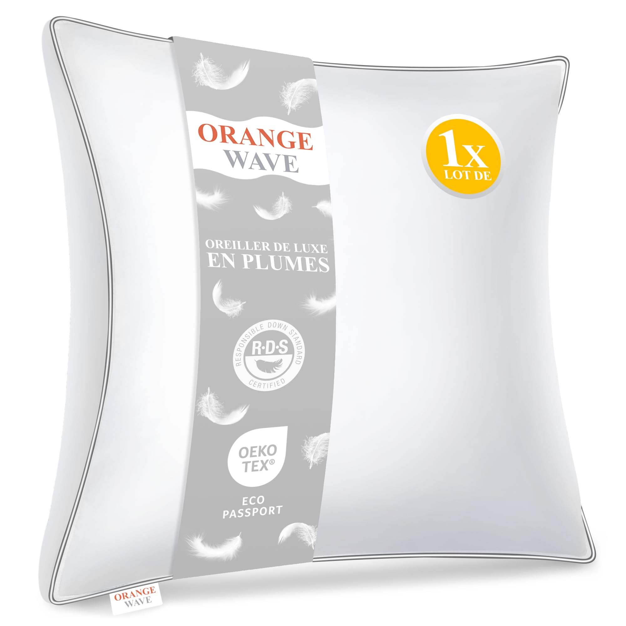 Orange Wave Feather Pillow 50 x 50 cm - Luxury Cushion 50 x 50 cm in Down and Natural Feathers, 800 g Soft and Ergonomic Comfort Pillow for Perfect Support and Soft and Pleasant Nights