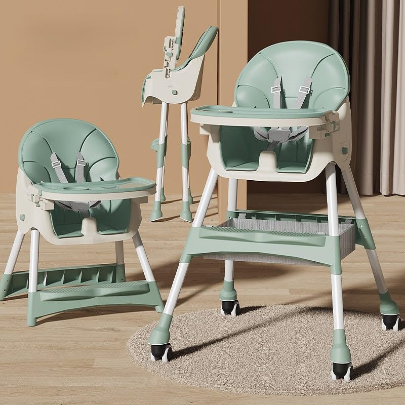 Image of Mealtime Plus Baby High Chair for Feeding, Adjustable Height, Double Food Tray, Seat Cushion, Storage Bag & Lockable Wheels, Foldable Feeding Chair for Babies & Toddlers, Teal