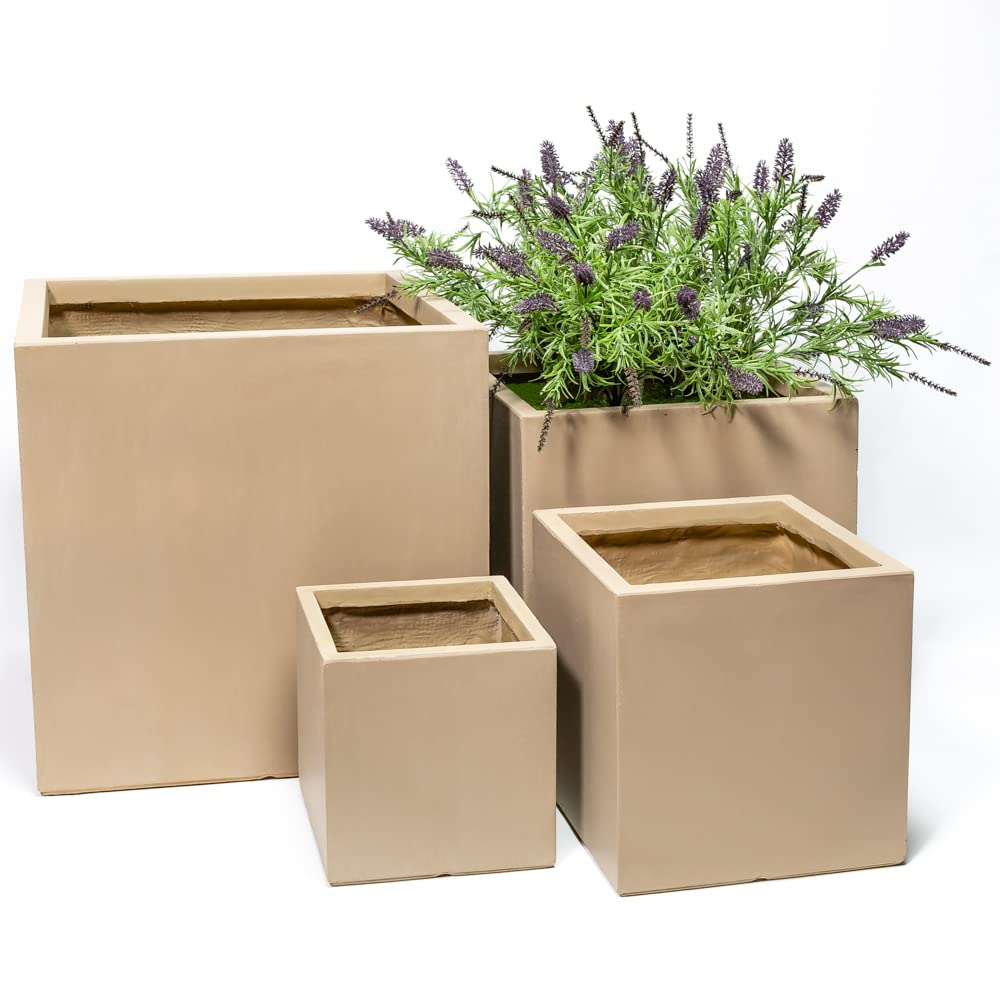 Primrose Sand Outdoor Fibrecotta Beige Cube Garden Planter Pots Xl 50Cm³ (19.7In³)
