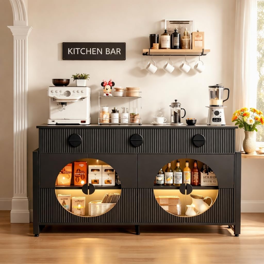 LGHM Fluted Buffet Cabinet, 62" Buffet Cabinet with Marble Top, Modern 3 Drawers Coffee Bar, Wine Bar Storage Cabinet with Adjustable Shelves and & 4 Doors for Kitchen, Living Room, Black