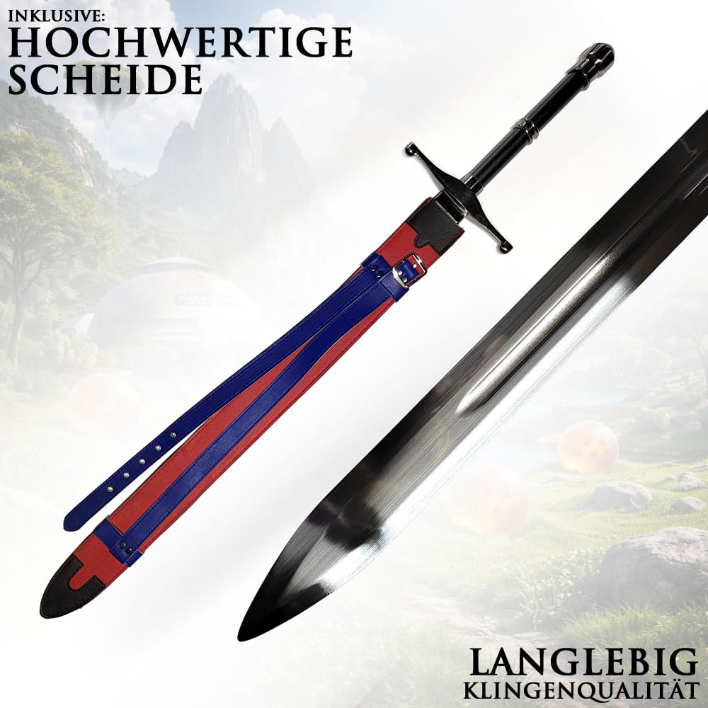 Dragon Ball Z Future Trunks Schwert 112cm | Dragonball Tapions Schwert aus Stahl mit tragbarer Rückenscheide | DBZ Anime Cosplay Waffe & Gurt | Metall Replik