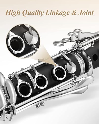 Miniatura 3 de Eastar Clarinete plano B para principiantes, clarinete ébano niquelado con 2 barriles, 3 cañas, guantes blancos, estuche rígido, limpieza Kt, ECL-300