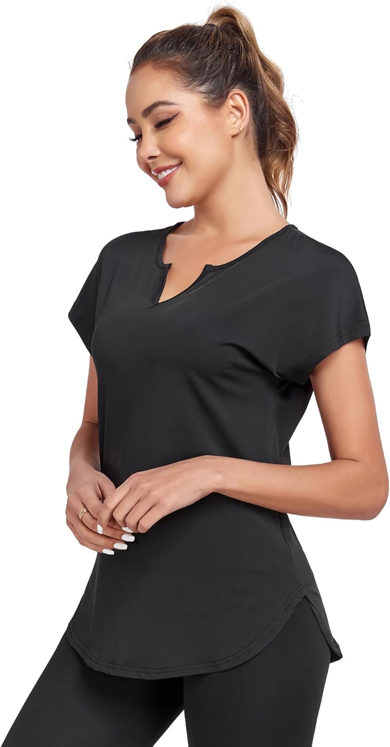 Women's Short Sleeve Workout Shirts V Neck Exercise Yoga Basic Top Quick Dry Side Split - Image 4