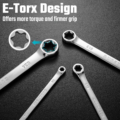 DURATECH 4-delige E-Torx sleutelset E6–E24, dubbele ringsleutel vrouwelijke Torx ster sleutel, CR-V staal spiegelgepolijste afwerking, ideaal voor auto-, motor- en mechanisch onderhoud - Afbeelding 4