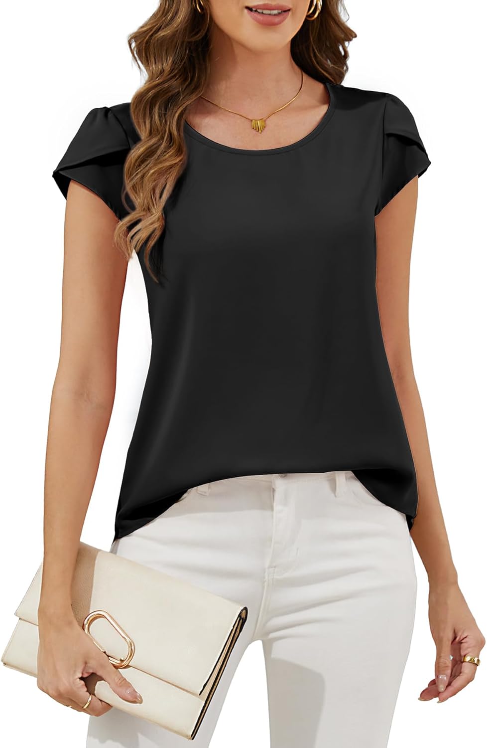 MEILANZJ Women's Chiffon Blouse Petal Short Sleeve Business Casual Elegant Top