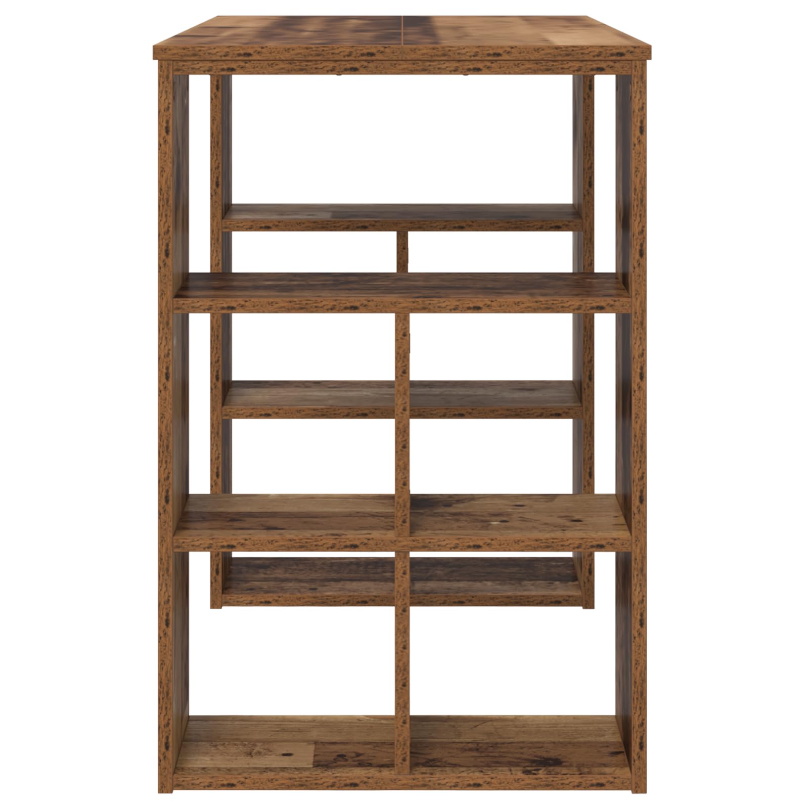 Eckschreibtisch aus Massivholz Altholz Old Wood mit verwitterter brauner Oberfläche und Regalen für Büroorganisation, minimalistisches Design, platzsparend, einfach