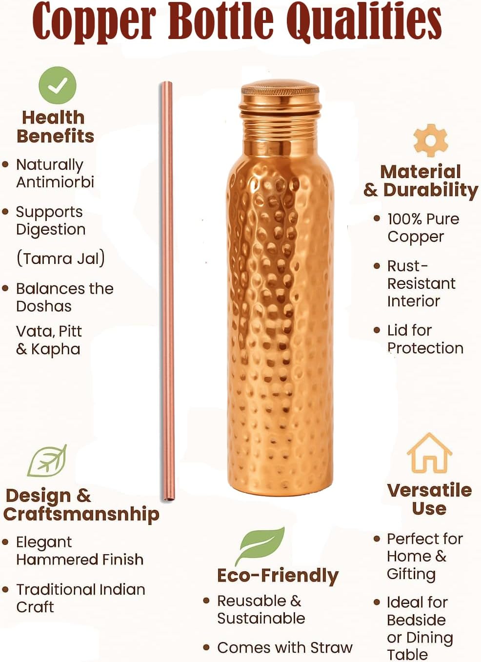 Taluka 34 OZ/1000 ML Pure Copper Hammered Water Bottle With Copper Straw Leak Proof Design Vessel For Drinking Ayurveda Health Benefits Pitcher For Sport Fitness Yoga