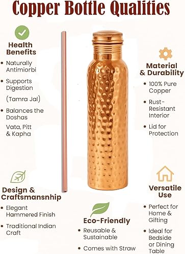 Miniatura 4 de Taluka Botella de agua martillada de cobre puro de 34 onzas/33.8 fl oz con popote de cobre a prueba de fugas, recipiente para beber Ayurveda