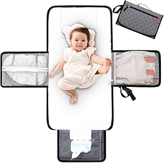 وسادة تغيير الحفاضات المقاومة للماء من توكوكيمو، حصيرة تغيير حفاضات محمولة للسفر مع جيوب تخزين، حصيرة تغيير حفاضات الطفل مع جيب للمسح ووسادة للرأس (رمادي)