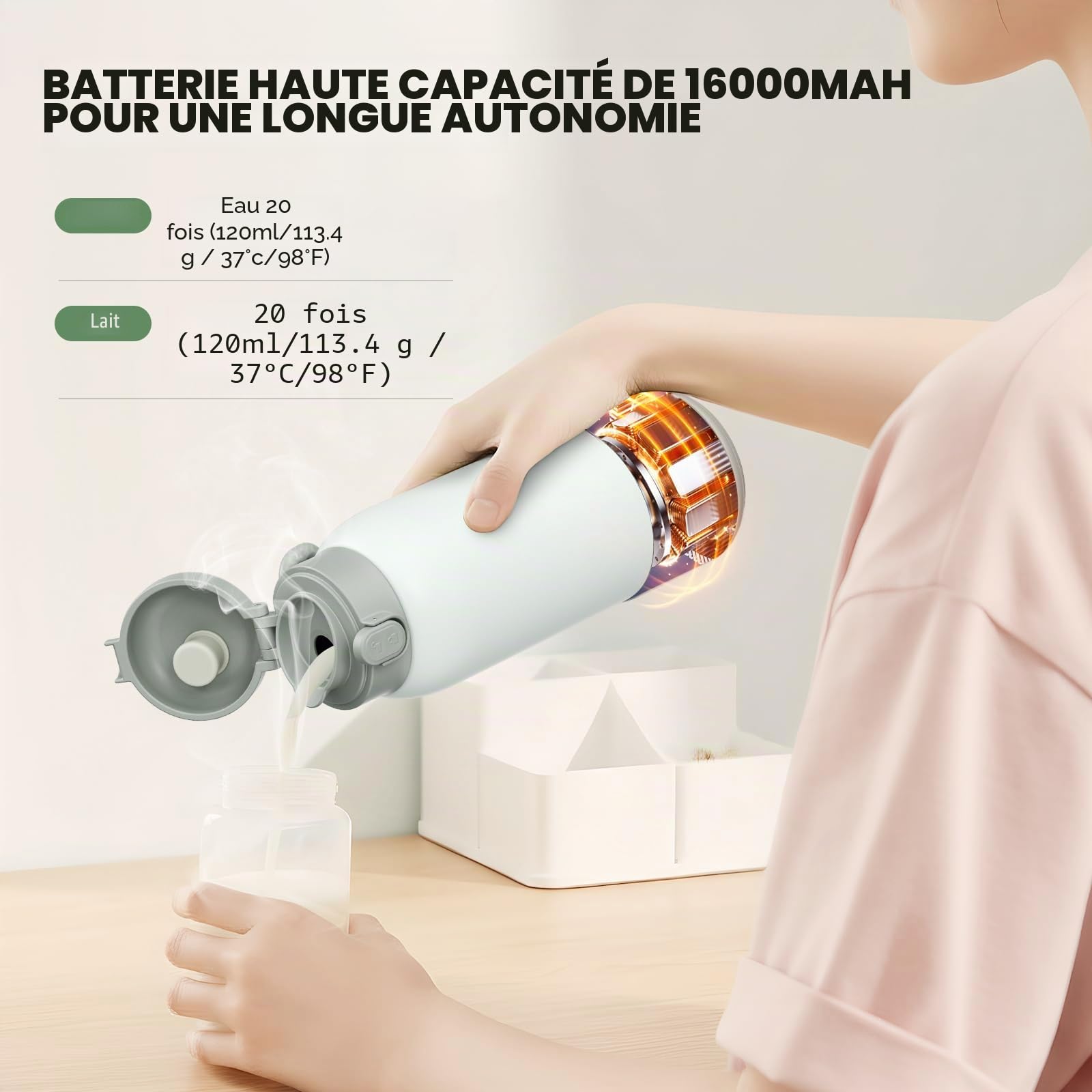 Chauffe-Biberon Portable 500ml, Chauffage Rapide, Inox 316 | 100W chauffe lait & eau, batterie 16000mAh, réglage précis 32-70°C, écran LED, anti-fuite pour maison & voyage