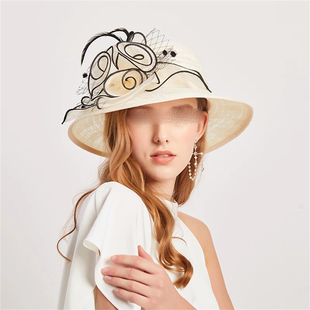 Yeuyyben Elegante cappello da sole in organza con fiore per donne a tesa larga chiesa signora tea party cappello da sole spiaggia cappello
