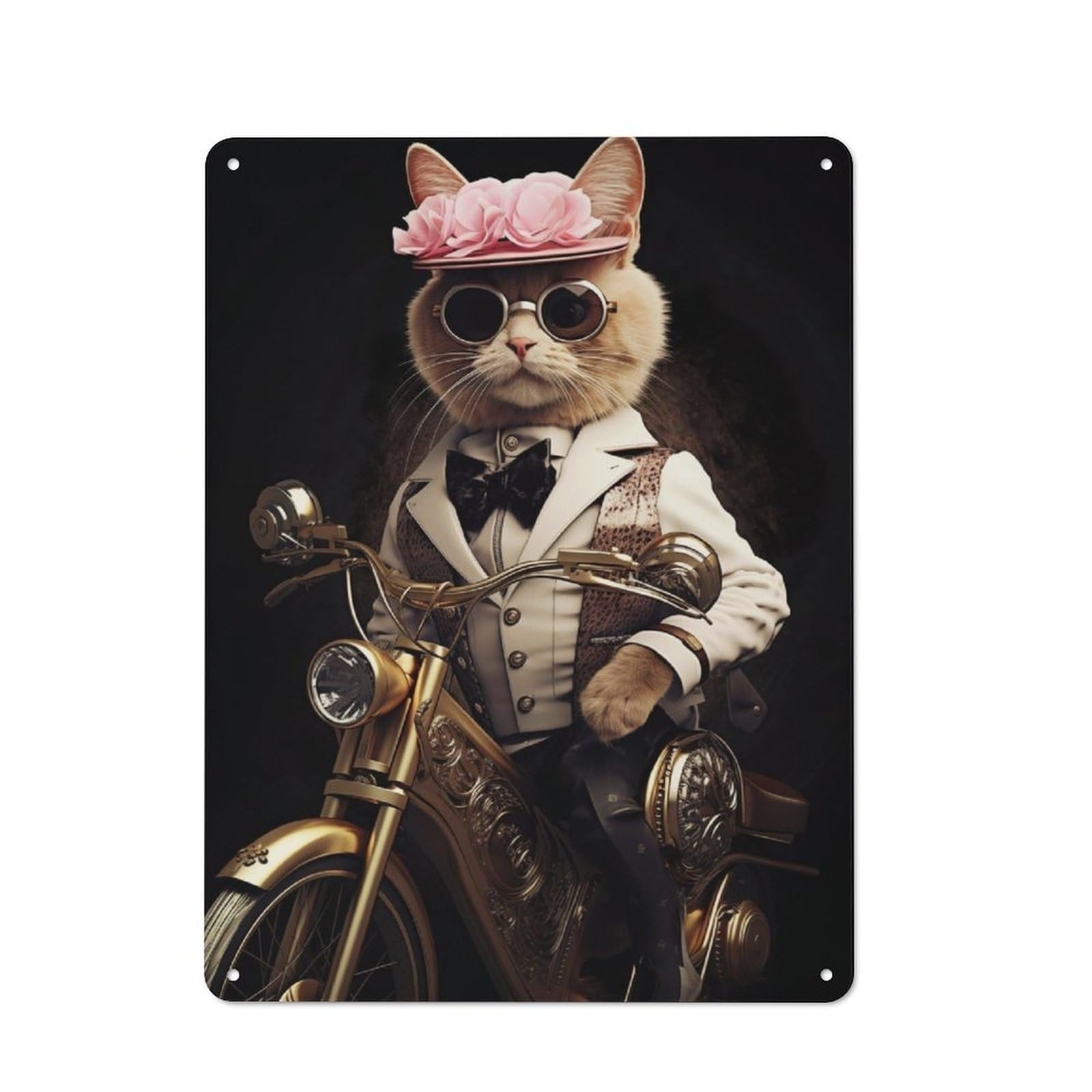 Vintage Metal Sign 40x30cm Featuring Cat Motorcycle Vintage, Home Bar Decor for Cafe, Pub, Workshop Or Home Bar