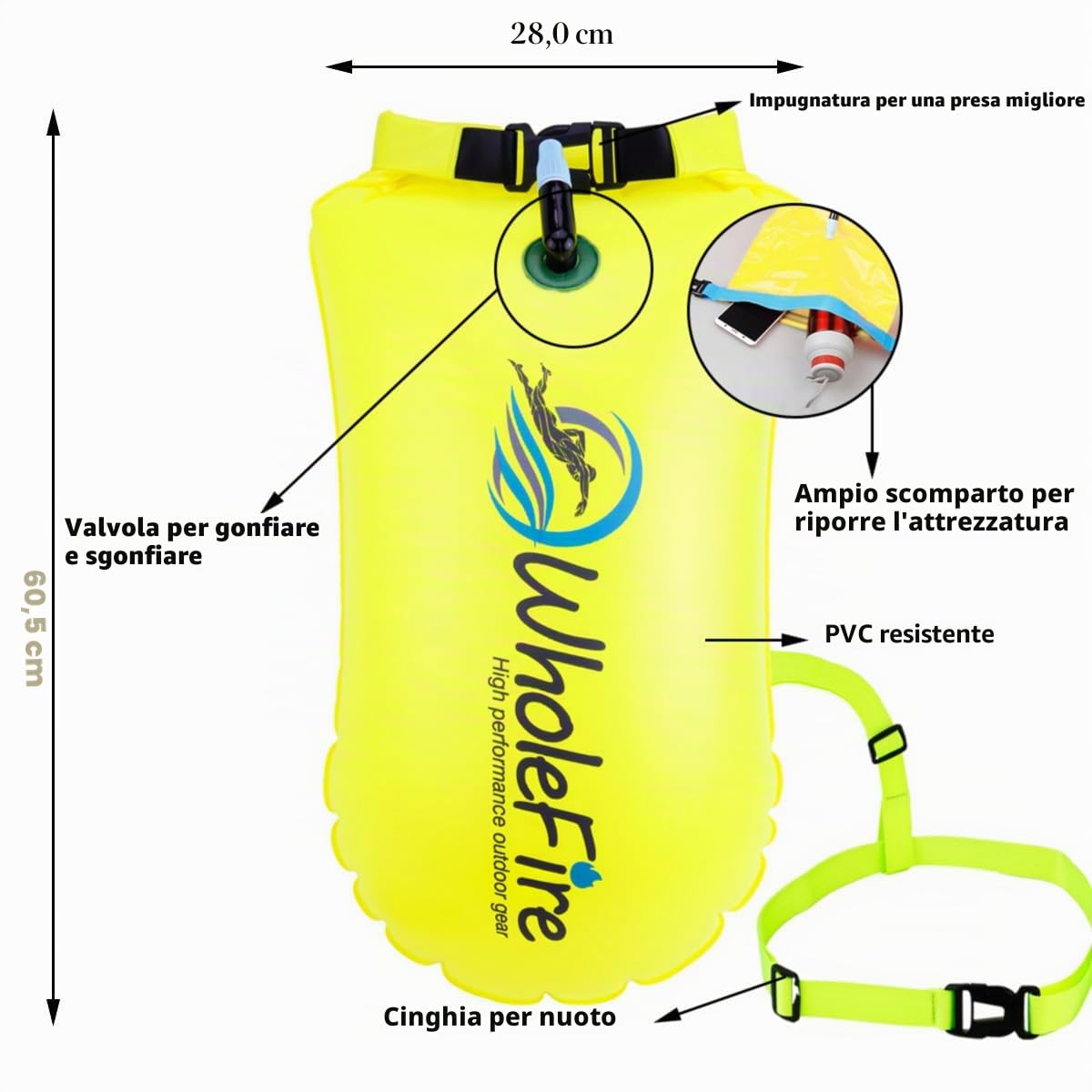 Boa gonfiabile da 20 litri, per sport acquatici, nuotatori in acqua libera, triatleti, kayaker e subacquei