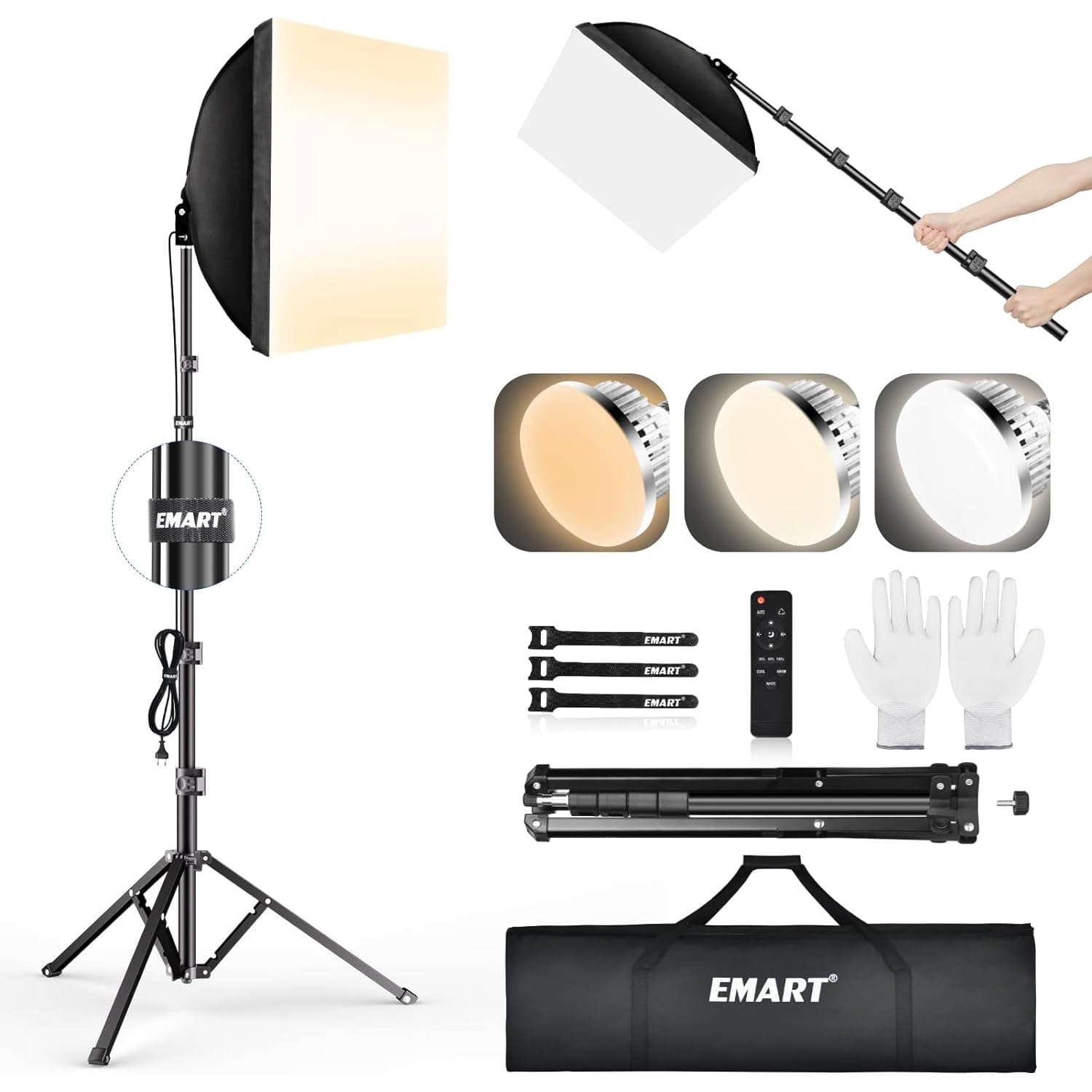 EMART Softbox Set, Kit Softbox per Studio Fotografico de 40x40 cm con y Bombilla Led de 85 w (3000K-6000K) con Mando a Distancia para Estudio Fotográfico, Retratos y Grabación de Vídeo (1 Pack)