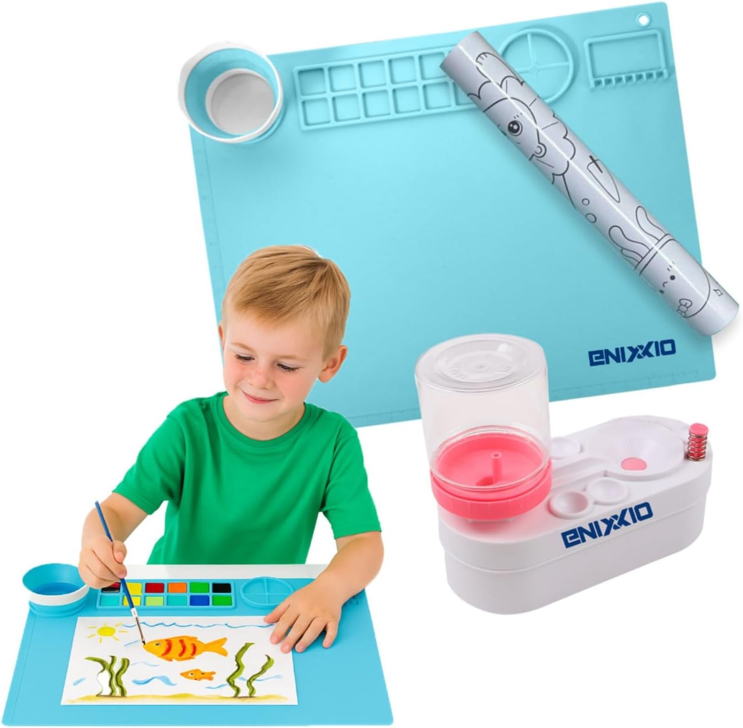 Painting Station Paint Brush Cleaner Silicone Mat 20×16 in with Cup & Paint Holder, Animal Sticker Roll (Blue)