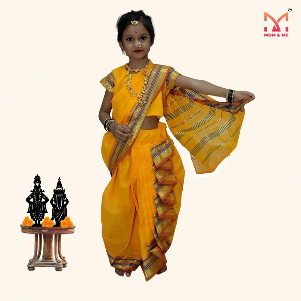 Mom and Me Girls' Ready-to-Wear Mastani Nauwari Saree with Stitched Blouse | Traditional Maharashtrian Ilkal Border | Soft Acrylic Cotton | Age 12 Months to 15 Years (Yellow, 11-12 Years) - Image 2 thumbnail
