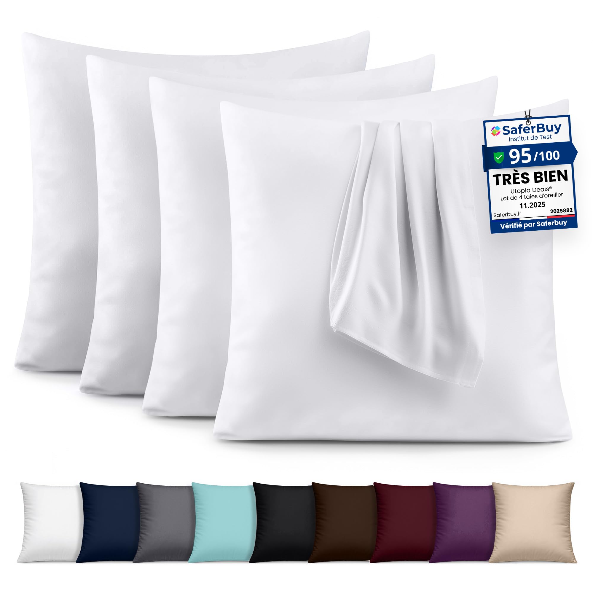 Utopia Bedding Lot De 4 Taies D'Oreiller 60x60 Cm - Enveloppe Microfibre Douce Blanc