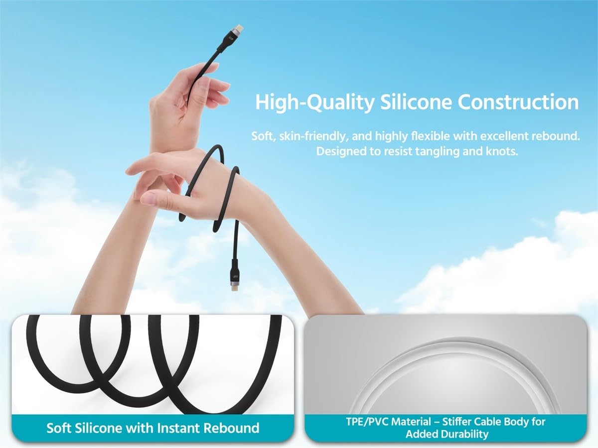 Monoprice Cavo di ricarica in silicone da USB-C a USB-C, USB 2.0, 240 W, ultra flessibile, 0,9 m, nero, confezione da 2