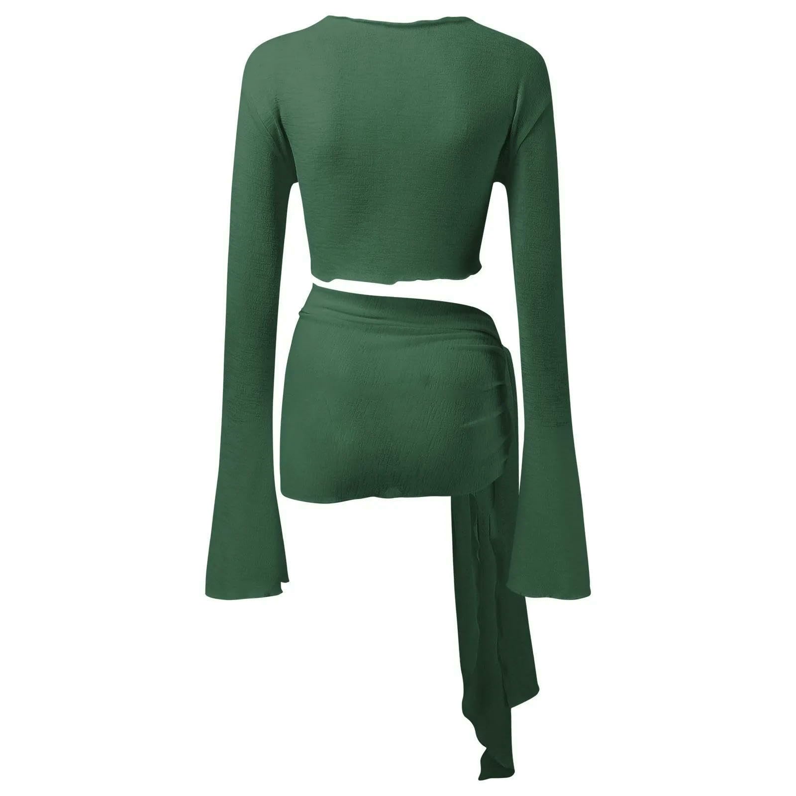 Sukienka plażowa Bikini Cover Up kobiety długie rękawy Sheer Mesh 2 sztuki kostium kąpielowy plaża okrycie sukienka krawat węzeł bandaż crop top zielony-m