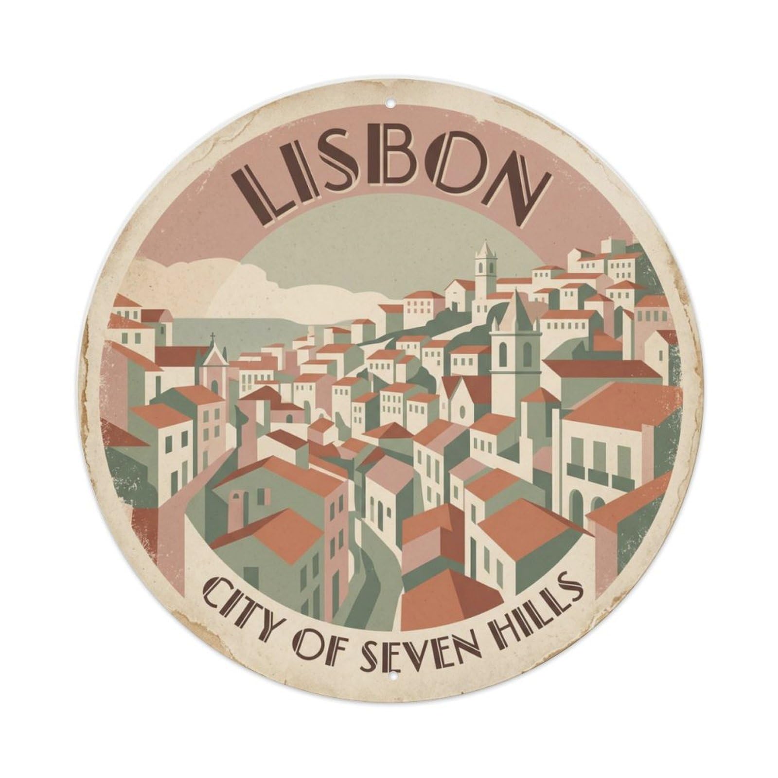 Vintage Travel Lisbon Hillside Portugal Metal Tin Sign Plaque Wall Decor for Cafe, Club Bar, Office, Home Garden Round Metal Poster 8x8Inch