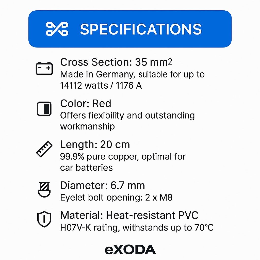 Exoda cavo batteria 35 mm² 20cm M8 rosso flessibile 99 percento rame auto moto ottimale trasmissione di corrente alta qualità dei materiali e prestazioni durevoli