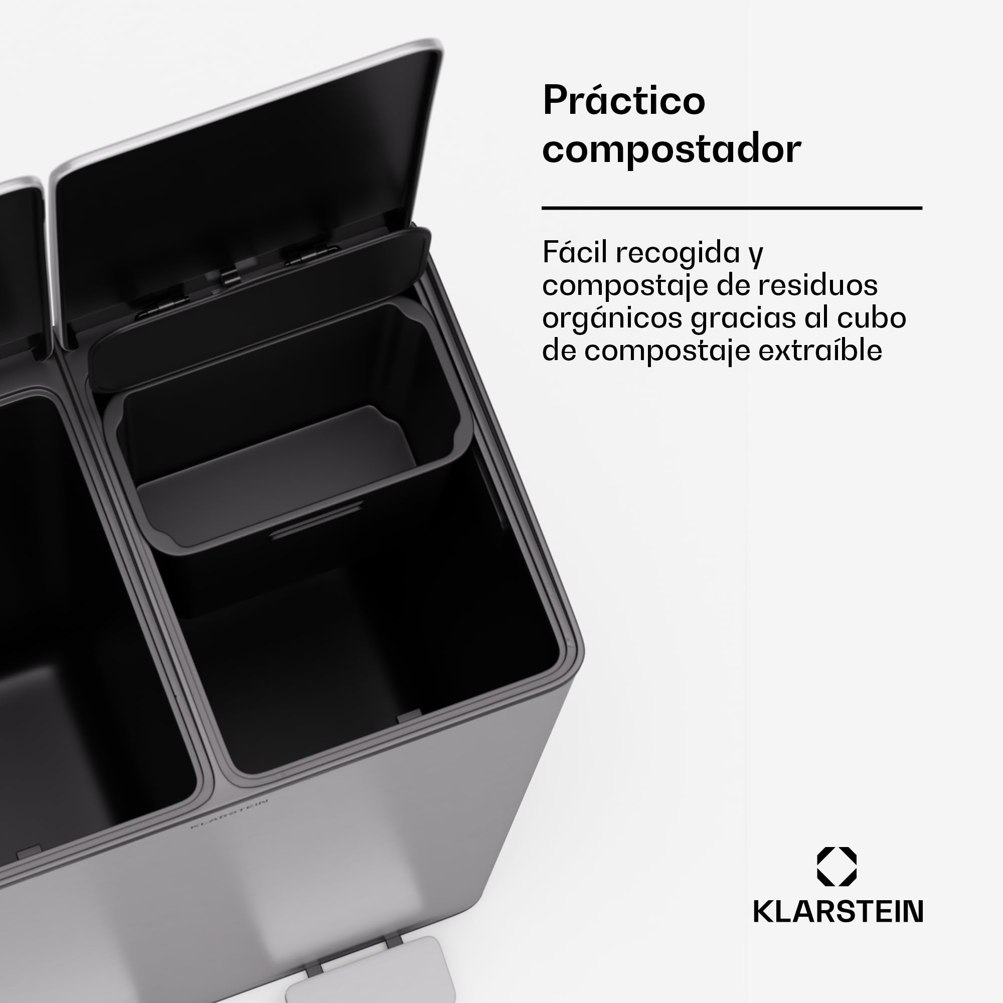 KLARSTEIN EcoVista Cubo de Basura Cocina - 60L con Compartimentos de 30L y 3L para compostaje, Cierre Suave, Acero Inoxidable, Papelera Cocina
