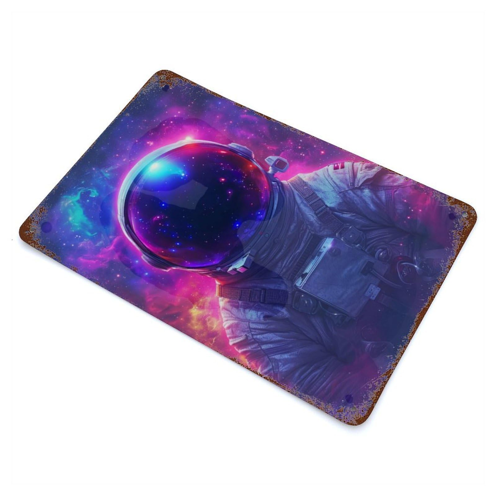 Distressed Metal Wall Sign with Galaxy Astronaut Design 11.8"x7.9", for Living Room, Hallway And Home Decor, Vintage Wall Decor