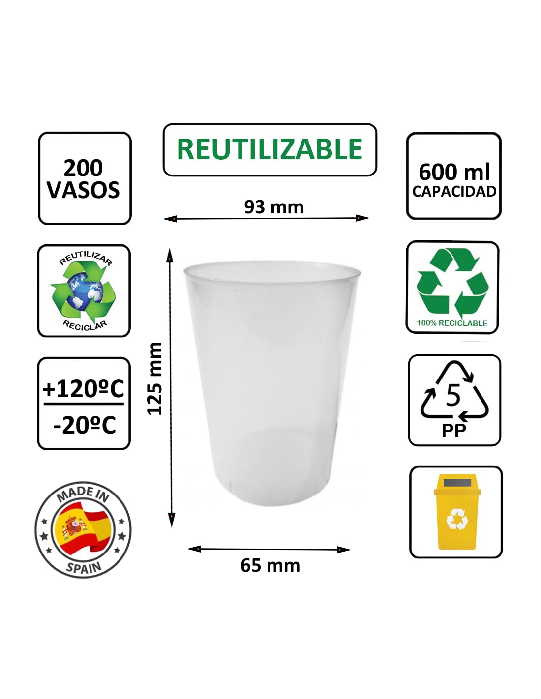 200 uds. - Vaso Sidra 600 ml Reutilizable - Polipropileno (PP) - Color traslúcido - Vaso ecológico libre de BPA