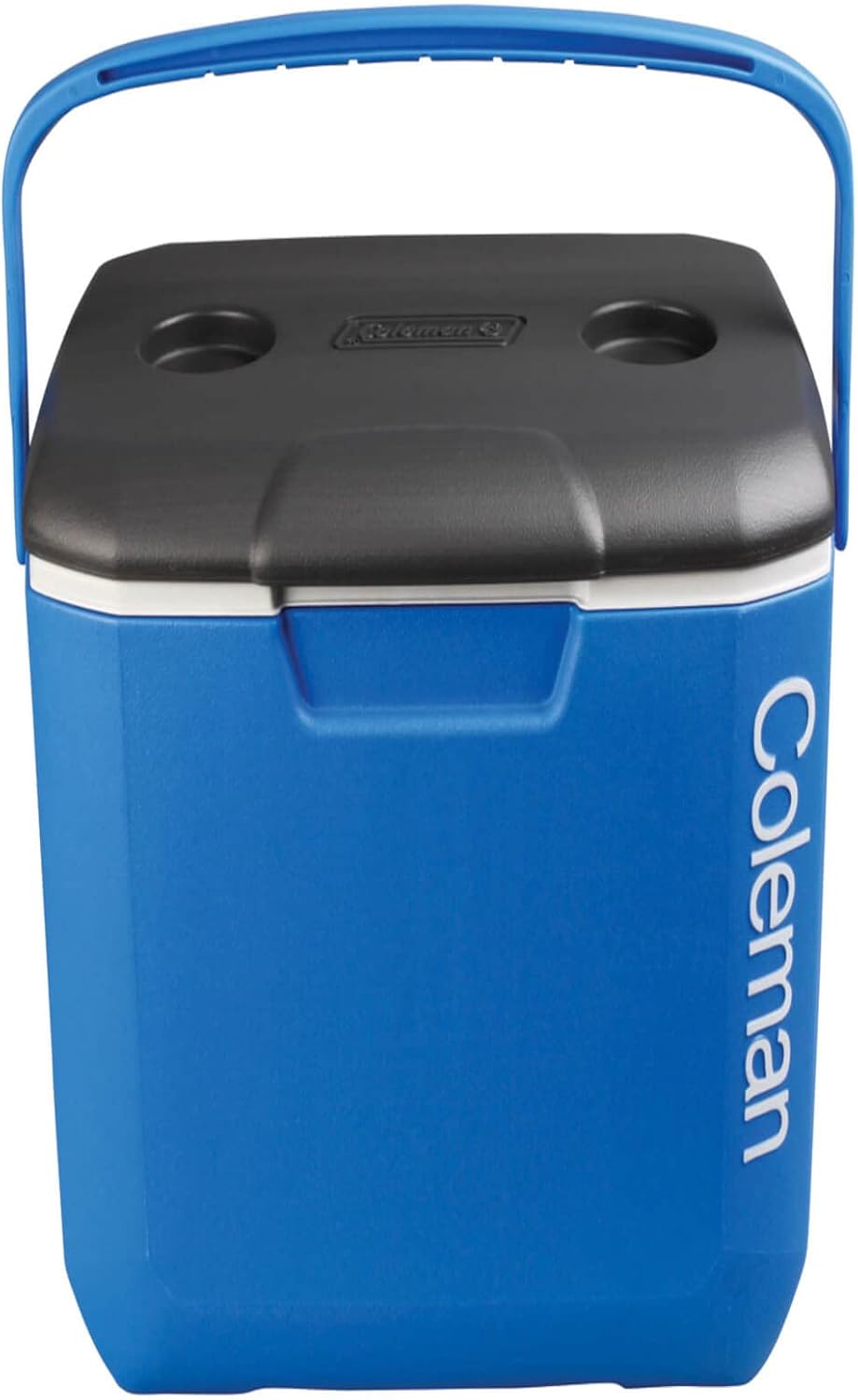 Coleman 30QT Performance Cooler with its blue body, black lid, and the bail handle in an upright position for carrying.