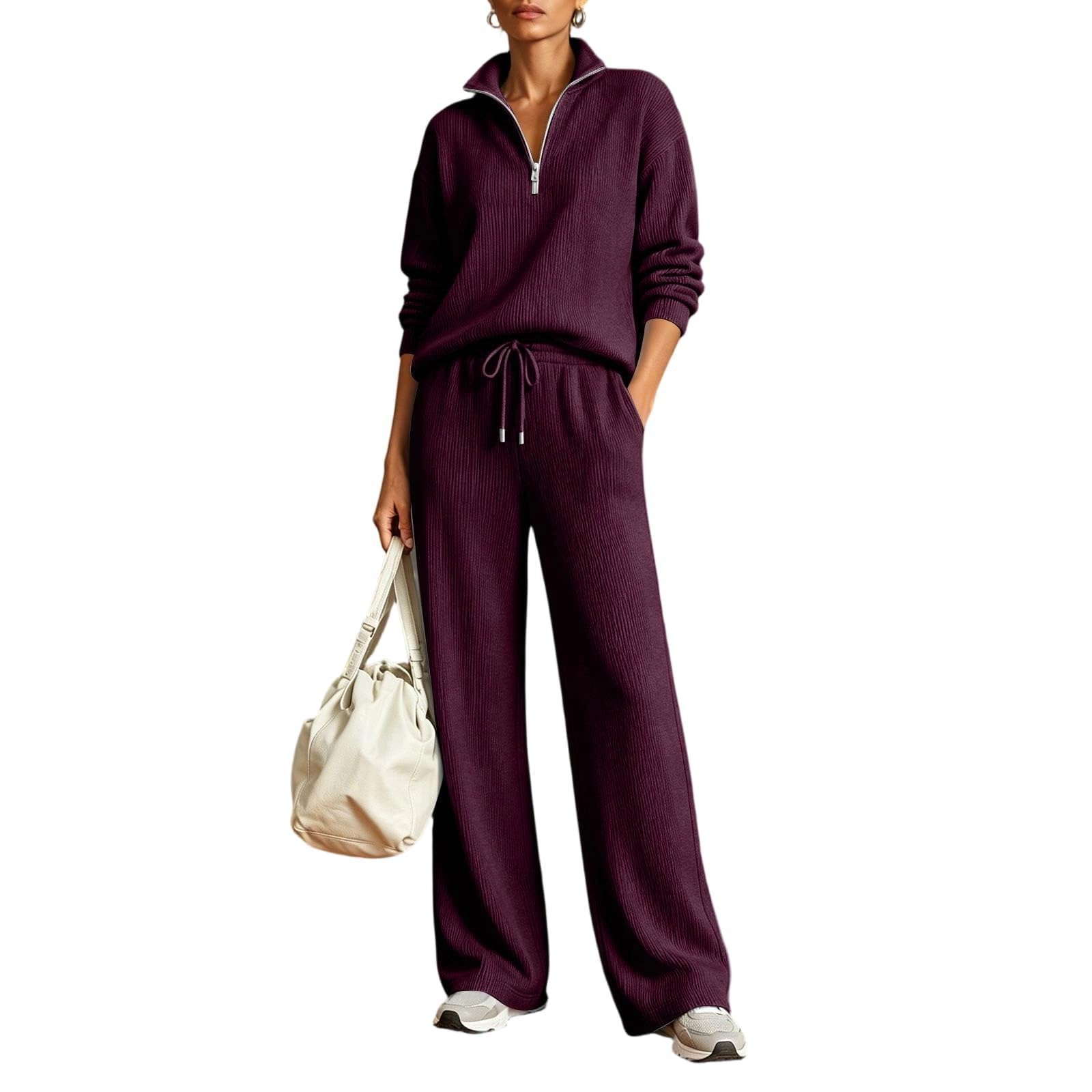 Completo Donna Casual Eleganti Felpa Mezza Zip E Pantaloni Fitness Casual | Completi Da Casa Loungewear Oversize Tracksuit In Pile Elastico Comodo Set Felpata Da Ginnastica Jogging Tinta Unita Morbido