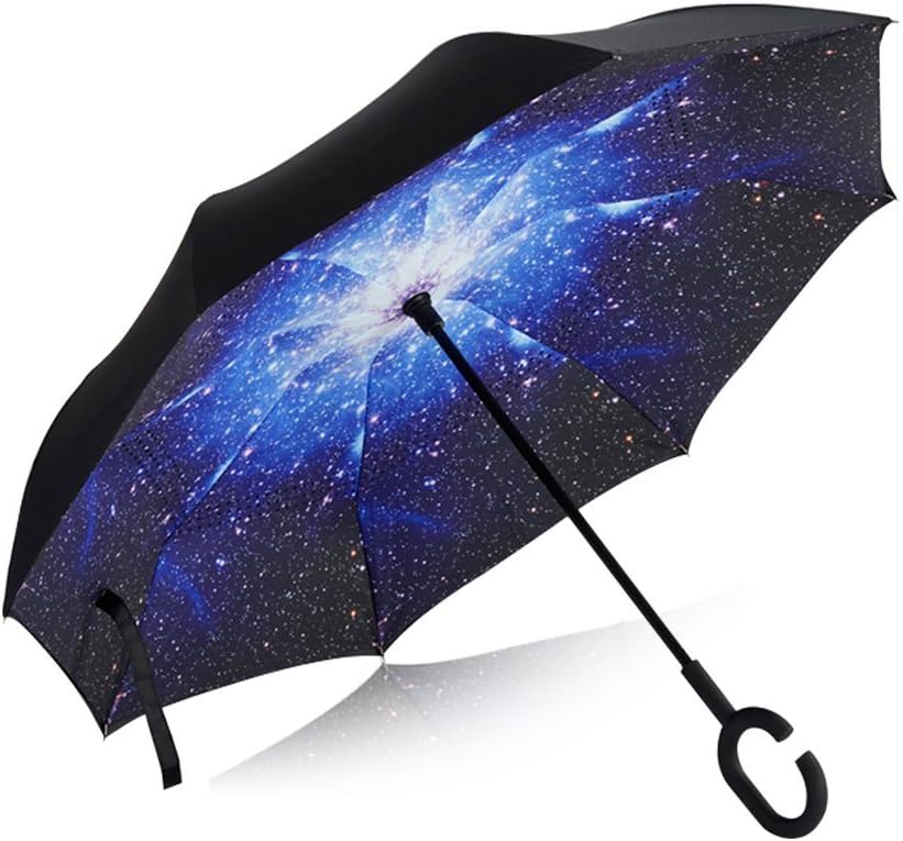Double Layer Inverted Umbrella UV Protection Windproof Reverse Umbrella Large with C-Shaped Handle for Car Travel (Vehicle Safety, Starry Sky)