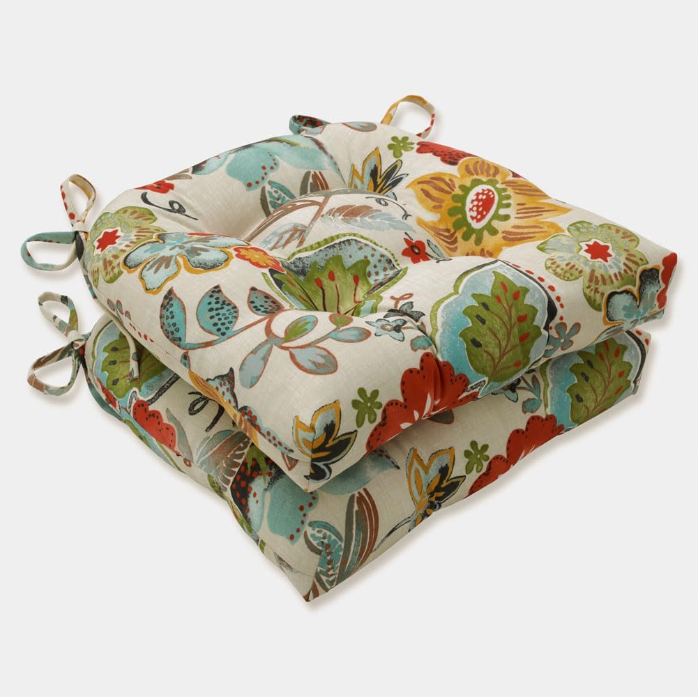 Pillow Perfect Bright Floral Indoor/Outdoor Chairpad with Ties Tufted, Weather, and Fade Resistant, 17" x 17.5", Ivory Alastriste 2 Count