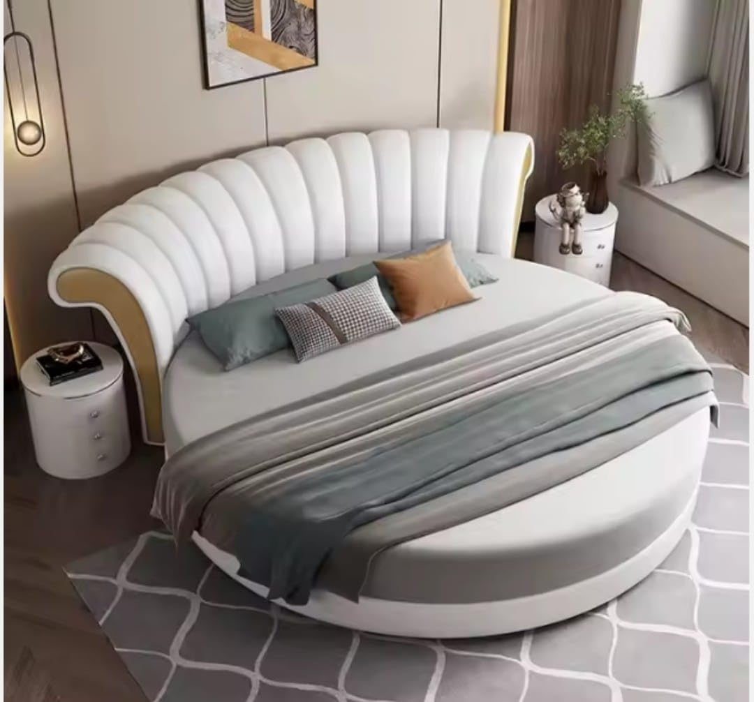 Modern Round Platform Bed with Shell-Shaped Headboard, White and Gold Accent, Upholstered Queen Size