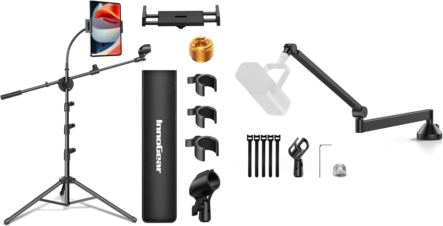 InnoGear Mic Stand, 6 in 1 Microphone Stand Floor with Tablet Phone Holder & 360° Rotatable Low Profile Mic Arm Microphone Stand for Fifine AM8 K669B Blue Yeti HyperX QuadCast SoloCast AT2020