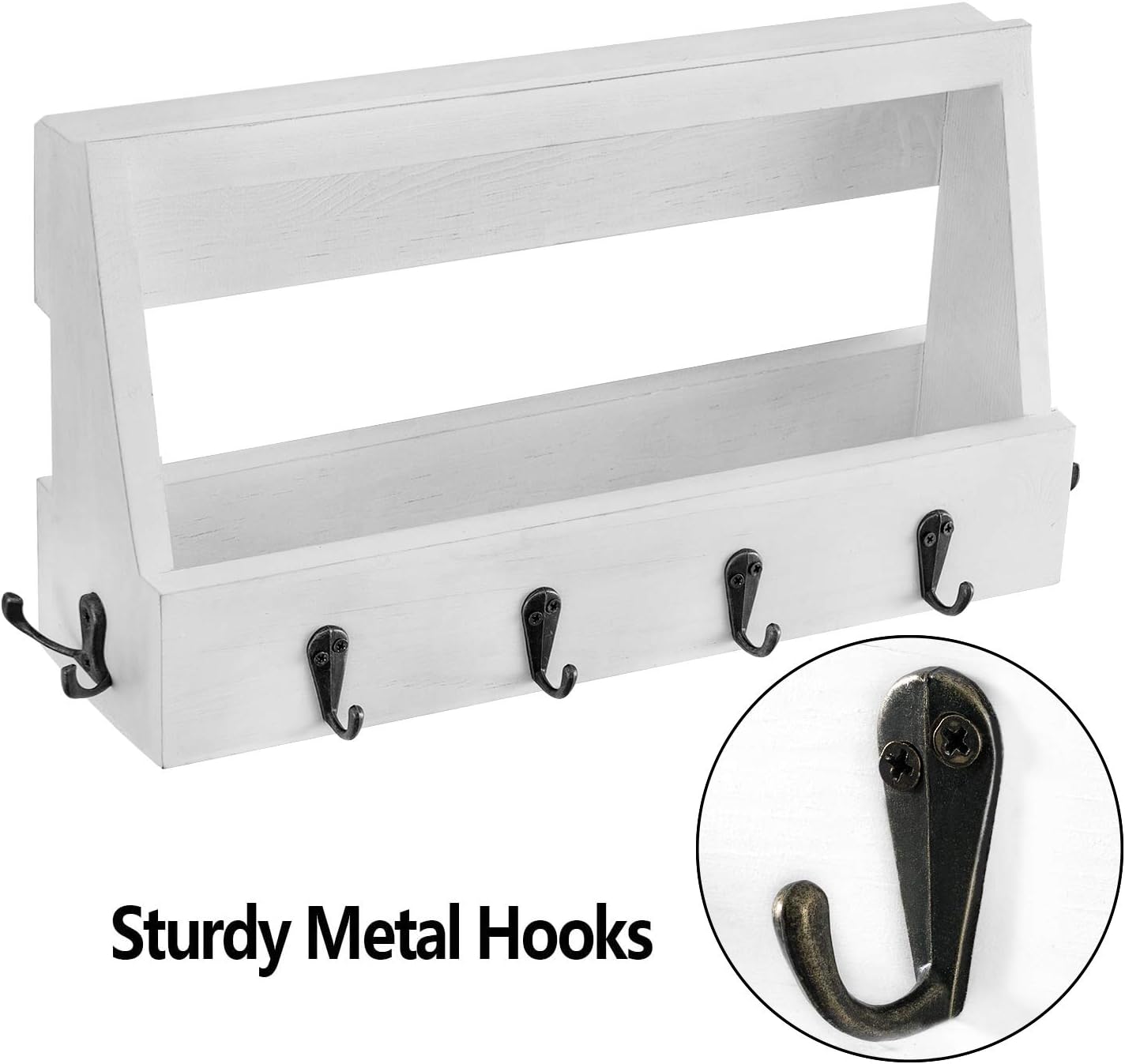 Oyydecor Wooden Wall Mount Mail Holder Organizer with 8 Hooks, Rustic Wall Décor for Entryway (White)