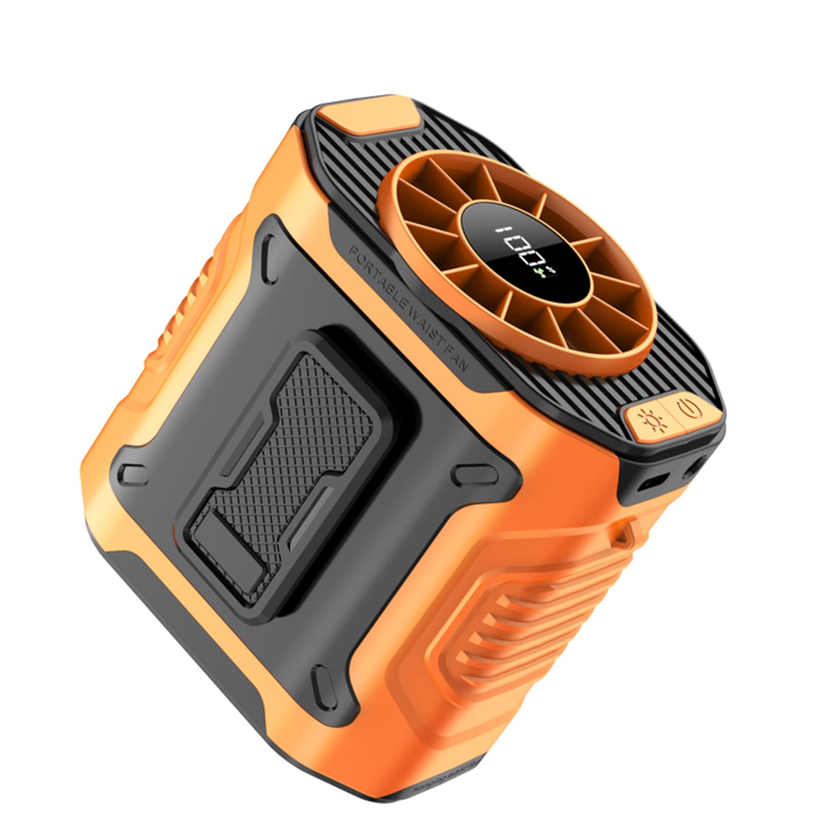 Portable Fan Rechargeable, 100 Speeds Strong Airflow Clip on Fan, Personal Waist Fans with LED Lights&Lanyard, Wearable Neck Cooler, Hands-Free Clip Belt fans for Camping, Outdoor, Traveling (Orange)