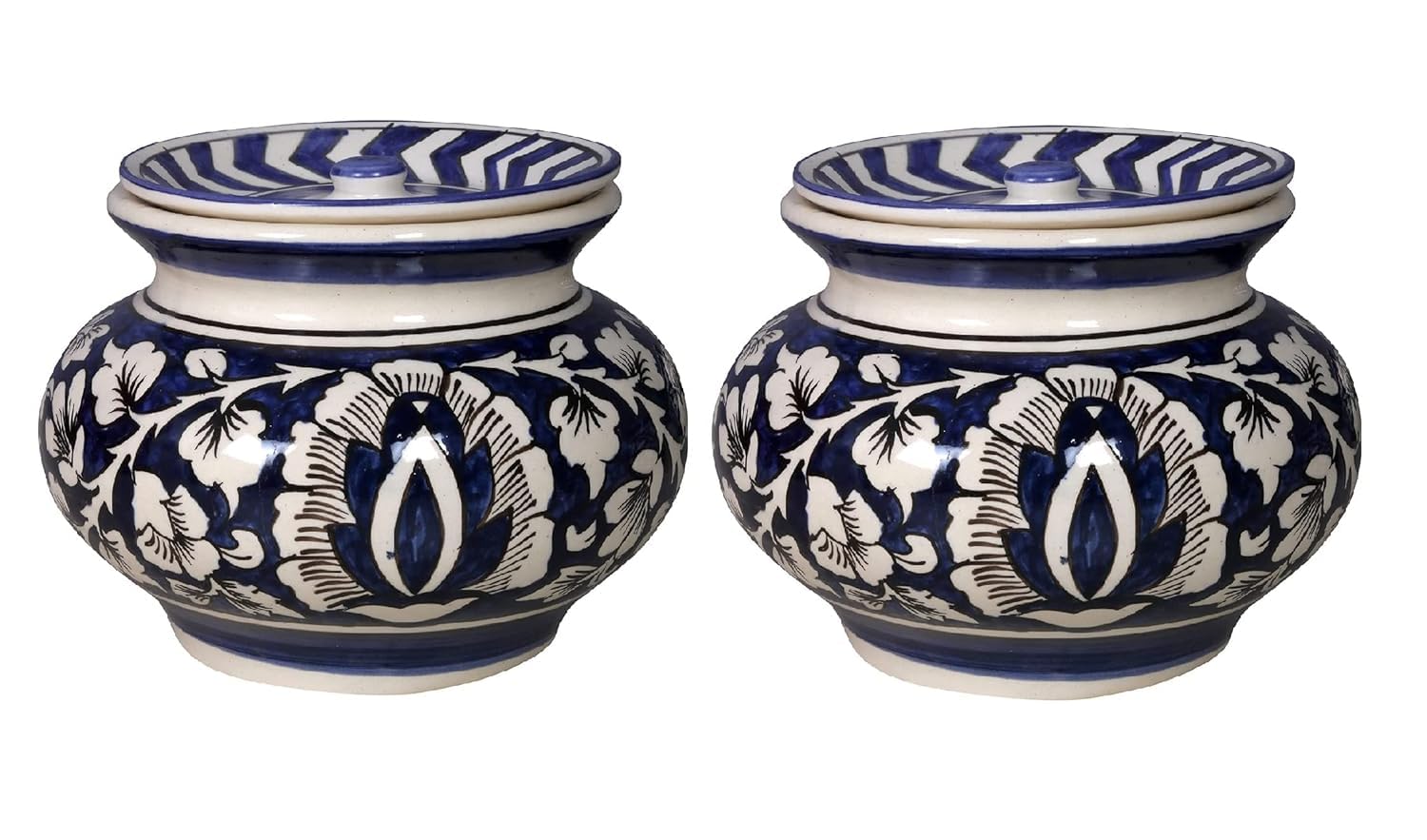 RAJ ROYAL Hand Painted Ceramic Cornichon Storage Jar for Pickle Dry Items Pottery Dry Food Storage Container Donga with Lid for Kitchen Home (Pack of 2) (11x11x11 cm, 750 ML)