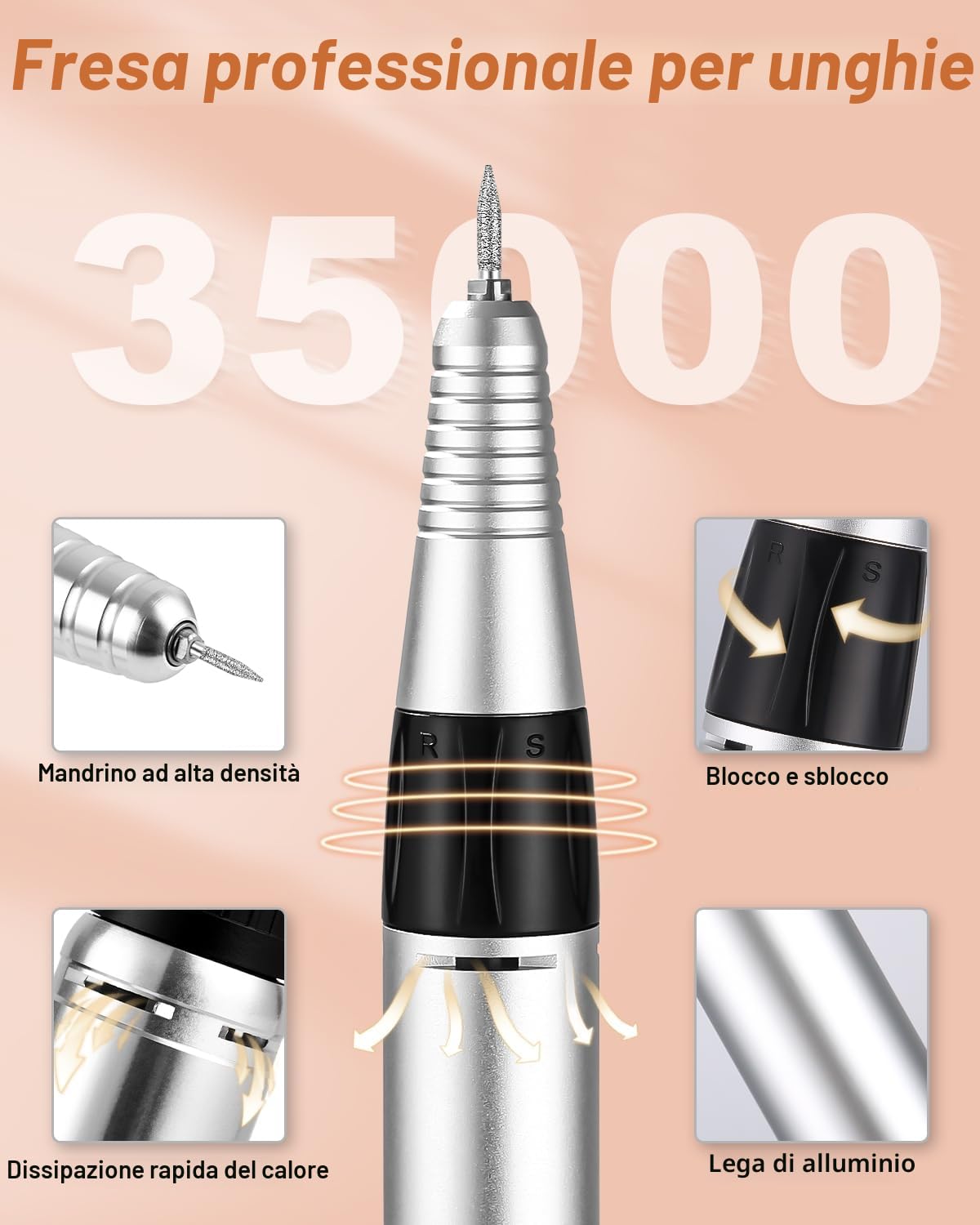 Fresa per Unghie Professionale, Lima per Unghie Elettrica 35000RPM, Set Manicure Elettrico con Pedale e 6 Fresa, Macchina per Unghie Acriliche Gel, Nail Drill, Manicure e Pedicure Elettrico
