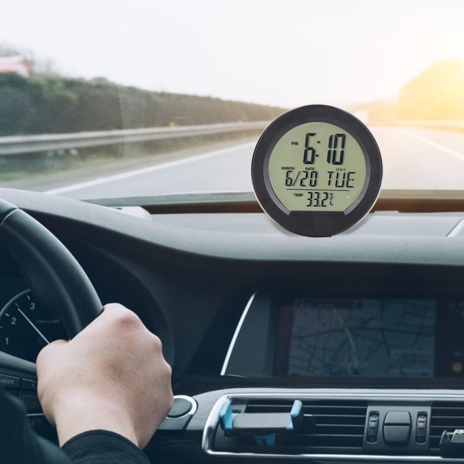 Zegar z termometrem samochodowym, cyfrowy termometr samochodowy na deskę rozdzielczą, zasilany energią słoneczną, automatyczny zegar z termometrem samochodowym do domu i biura