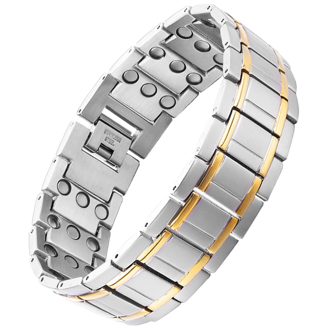 PUJANEPUJANE Mens Magnetic Bracelets 316L Stainless Steel 3 Rows Magnets Energy Bracelet Ultra Strength 3500 Gauss 3X Magnetic Jewelry Gift with Adjustment Tool (Silver&Gold)