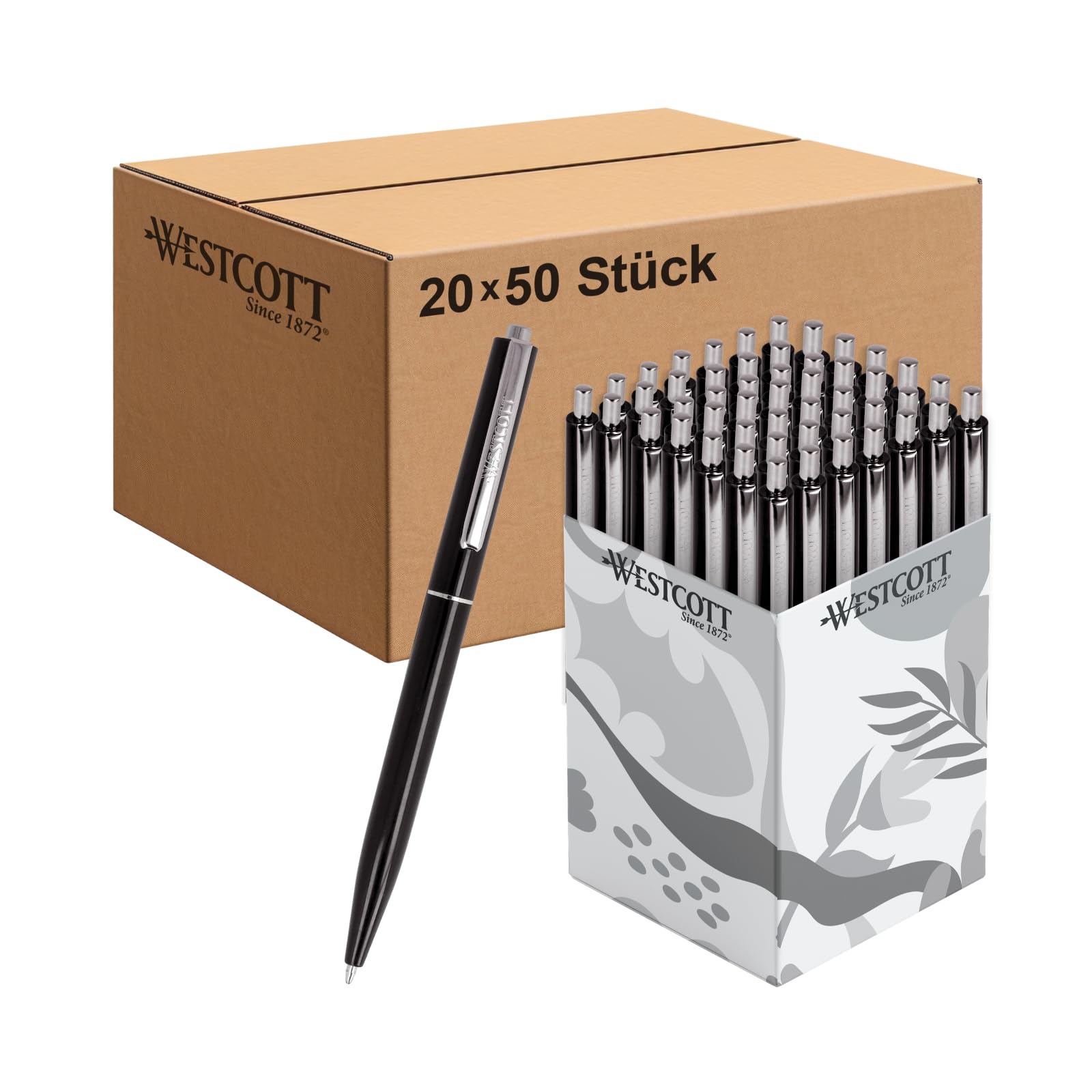 Westcott Kugelschreiber ALLTIME Schwarz 50 Stück (20er-Pack) | Großpackung Druckkugelschreiber, Schwarze Tinte | Strichstärke M, X20 | Dokumentenecht ISO 12757-2 | Stabiler Metallclip | E-737470 00