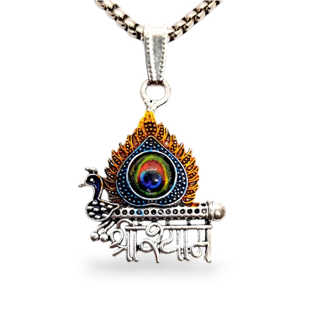 elleva Jai Shree Shyam Locket in Silver | Khatu Shyam Pendant Locket for Men with Chain | God Krishna Peacock Feather Shyam Baba Locket for Gift (Pack of 1)-picture-11