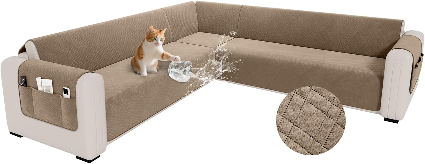 Waterproof L Shaped Couch Cover for Sectional Sofa Velvet Quilted Corner Sofa Cover L Shape Furniture Protector Slipcover Set with Non Slip Straps for Pets Dogs Kids (XX-Large, Light Brown)