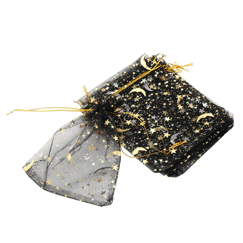 HugeDE 50 Pcs Black Moon Star Organza Bags Drawstring Mesh Gift Pouches Jewelry Bags Small Favor Bags for Halloween Christmas,9 x 12cm